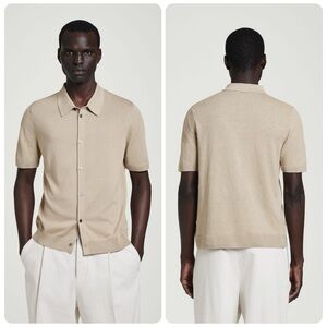 COS Knitted Linen Silk Button Front Short Sleeve Knit Shirt in Mole | XL